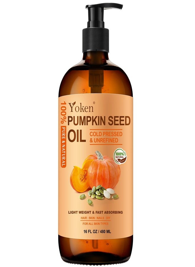 Yoken Pumpkin Seed Oil for Hair & Scalp Care, Glass Bottle, Unrefined, Cold-Pressed & Hexane-Free, Nourishes Hair, 100% Pure & Natural Pumpkin Oil for Skin & Body Massage, with Pump, 16 fl oz - Image 1